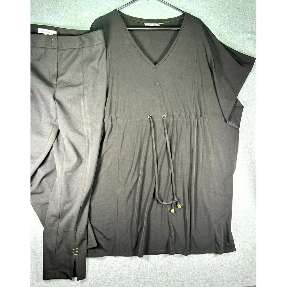 Calvin Klein 2 Piece Set Women's 8 Black Drawstring Waist Short Sleeve V Neck